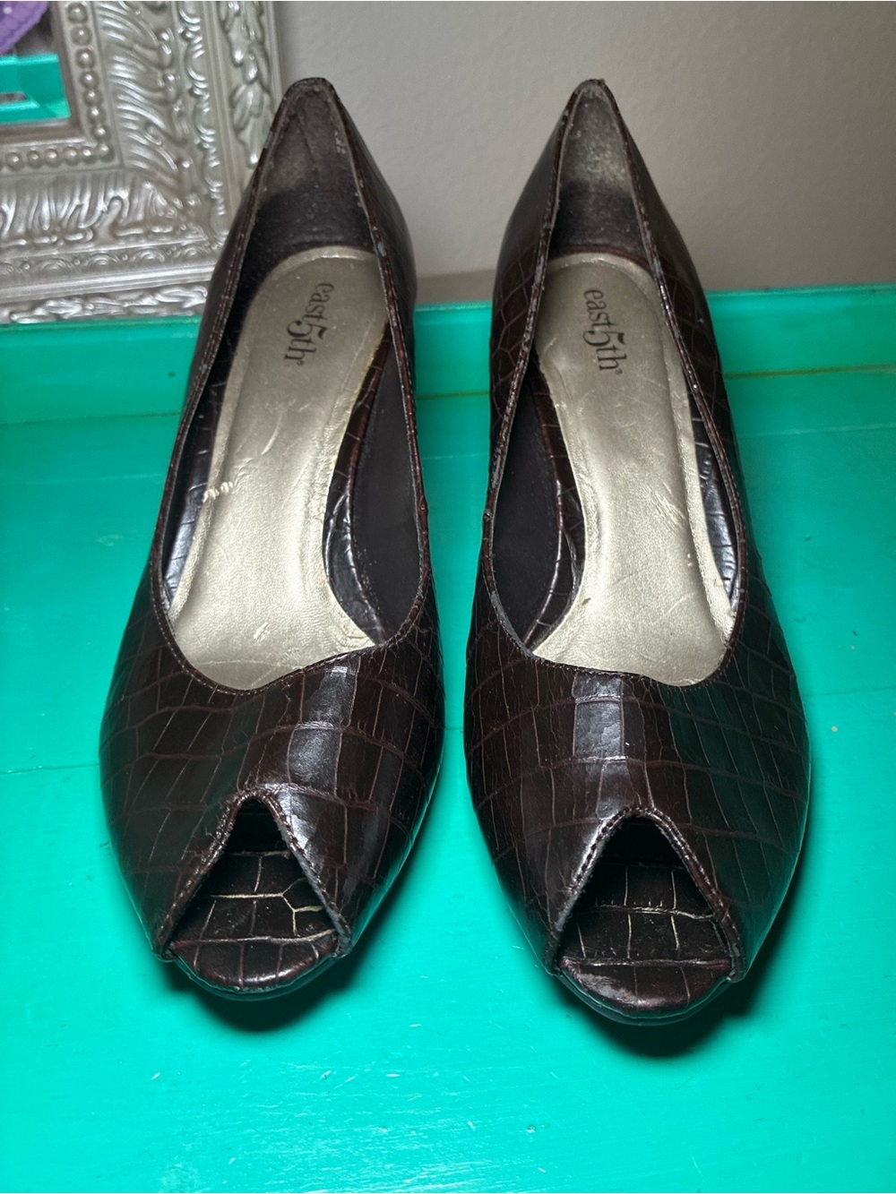 East 5th Dark Brown Croc-Embossed Peep-Toe Pumps